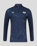 Navy Yorkshire Graphic Performance 1/4 Zip Top with teal splatter print and a high zip collar.