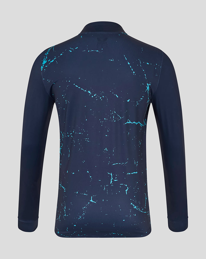 Back view of navy Yorkshire Graphic Performance 1/4 Zip Top with turquoise paint splatter pattern