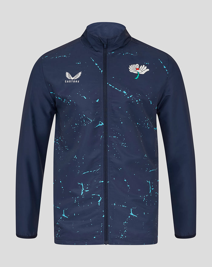 Navy Yorkshire Graphic Track Jacket with turquoise paint splatters, full-zip front, Castore logo on the left chest and a white floral emblem on the right chest.