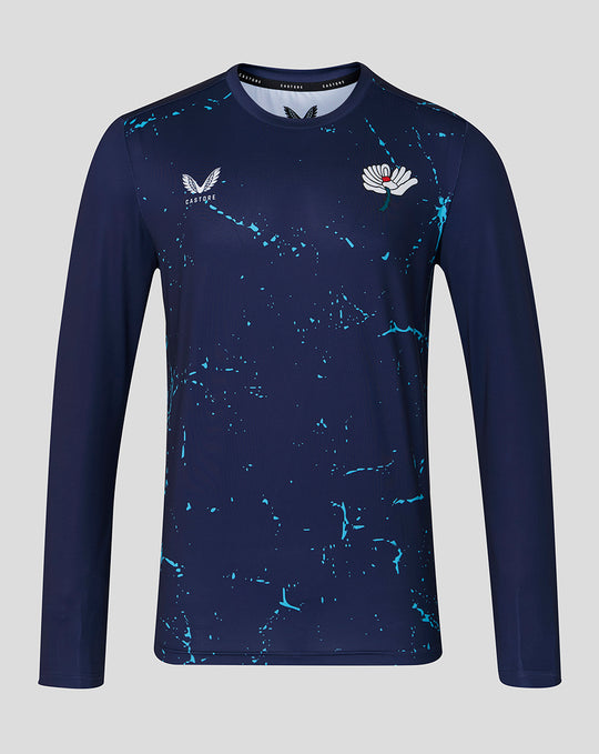 Navy long sleeve performance tee with cyan splatter pattern and chest crest.