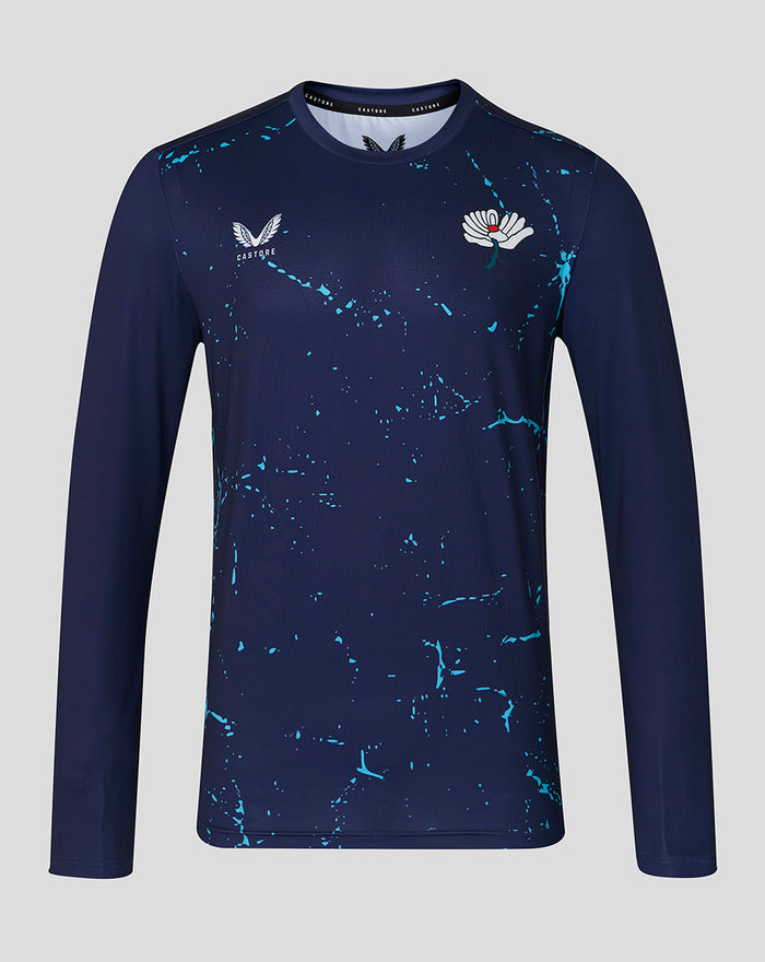 Navy long sleeve performance tee with cyan splatter pattern and chest crest.