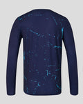Back view of navy long sleeve performance tee with cyan splatter across the back.