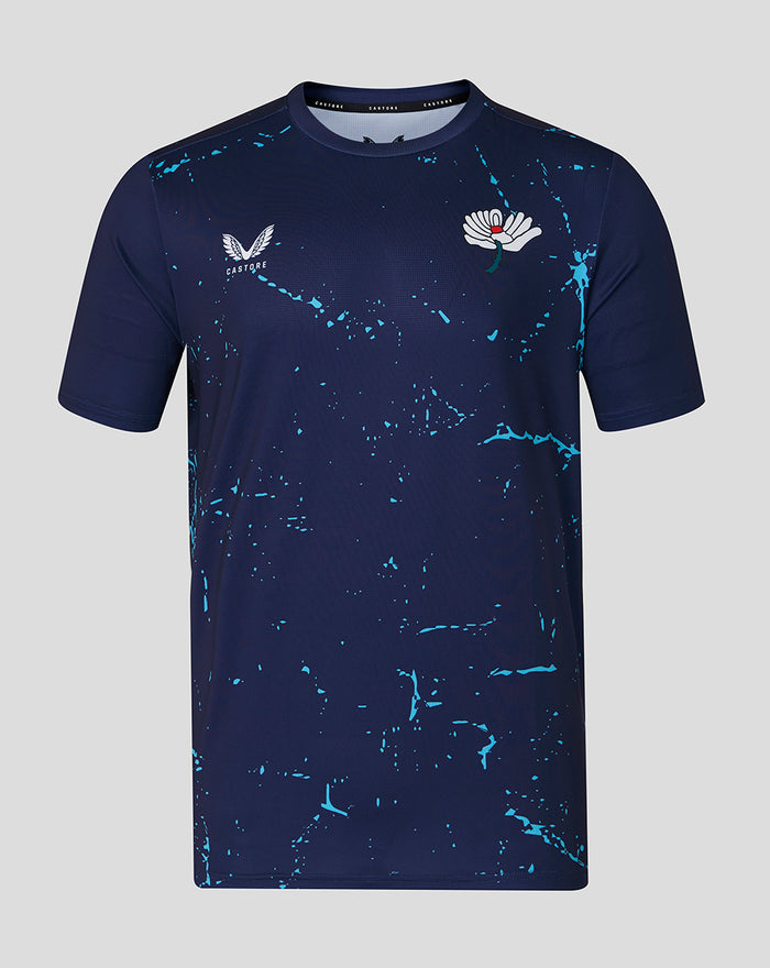 Navy short sleeve training tee with White Rose crest and blue splatter pattern