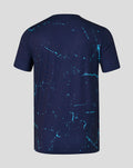 Back view of navy Peacoat short sleeve performance T shirt with light blue splatter pattern.