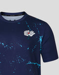 Front detail of navy Peacoat T shirt with White Rose crest on chest and bold blue splash pattern.