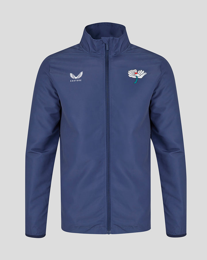 Navy blue men's woven pre match jacket front view with full zipper crest on left chest and Castore logo.