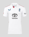 Front view of white England cricket test shirt with navy Three Lions crest on the chest, Castore logo and Toyota sponsor.