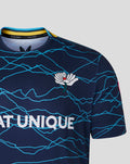 Navy T20 short sleeve jersey with a blue wave pattern and white rose crest on the chest, with yellow cyan collar trim