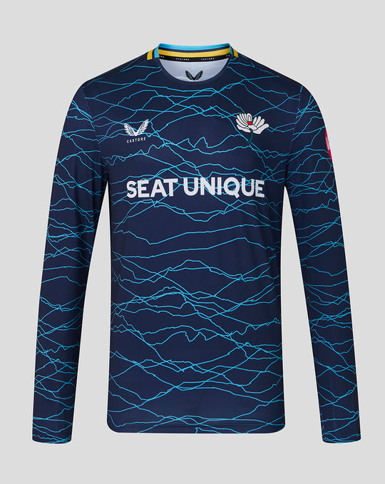 Navy long sleeve T20 jersey with light blue wave pattern, white rose crest and Seat Unique sponsor across the chest