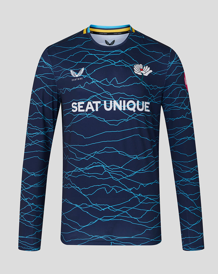 Navy long sleeve T20 jersey with light blue wave pattern, white rose crest and Seat Unique sponsor across the chest