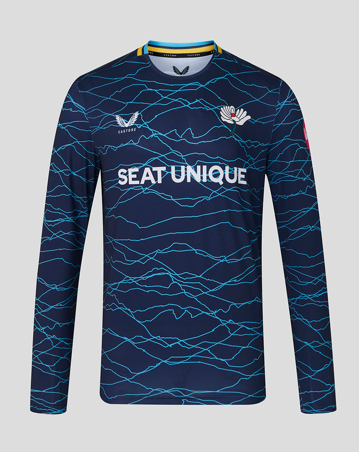 Front view of long sleeve junior 26/27 T20 jersey in peacoat with blue crackle pattern White Rose crest on the chest and Seat Unique across the front