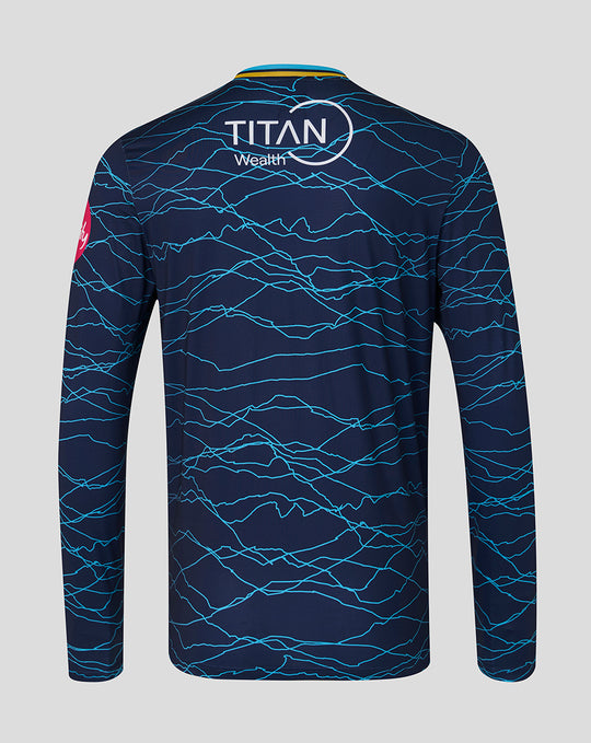 Back view of navy Peacoat Junior 26/27 T20 long sleeve jersey with turquoise crackle pattern and Titan Wealth logo on the upper back
