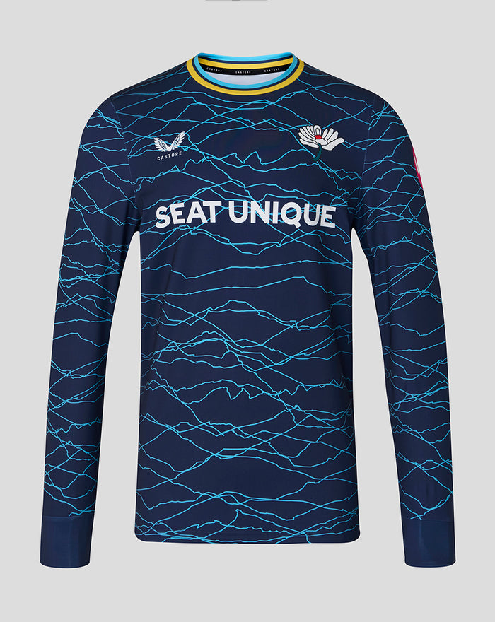 Front view of navy T20 sweatshirt with blue crackle pattern and Seat Unique logo across the chest