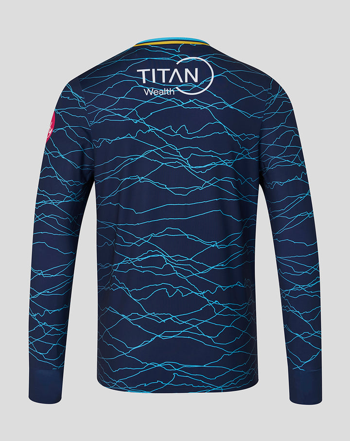 Back view of navy T20 sweatshirt with blue crackle pattern and Titan Wealth logo across the upper back