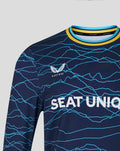 Navy crew neck sweatshirt with electric blue crackle pattern, Castore wing logo, and SEAT UNIQUE across the chest with a blue yellow striped collar