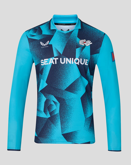 Long sleeve blue geometric One Day cricket jersey featuring lotus crest and Seat Unique branding