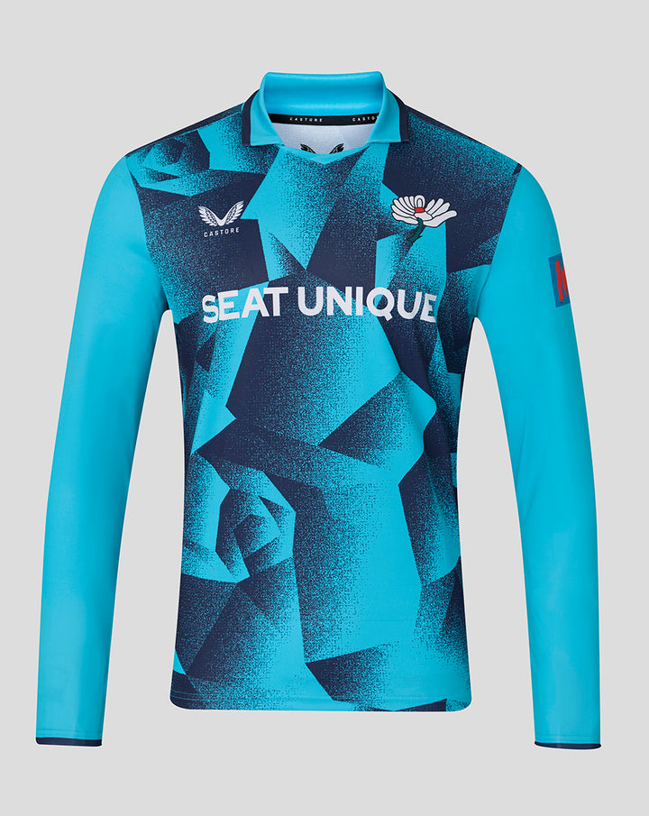 Long sleeve blue geometric One Day cricket jersey featuring lotus crest and Seat Unique branding