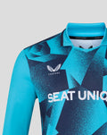 Close-up of chest area on turquoise OD Long Sleeve Jersey showing abstract geometric print and SEAT UNIQUE branding.