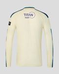 Back view of cream long sleeve cricket jersey with Titan Wealth logo and blue shoulder piping.
