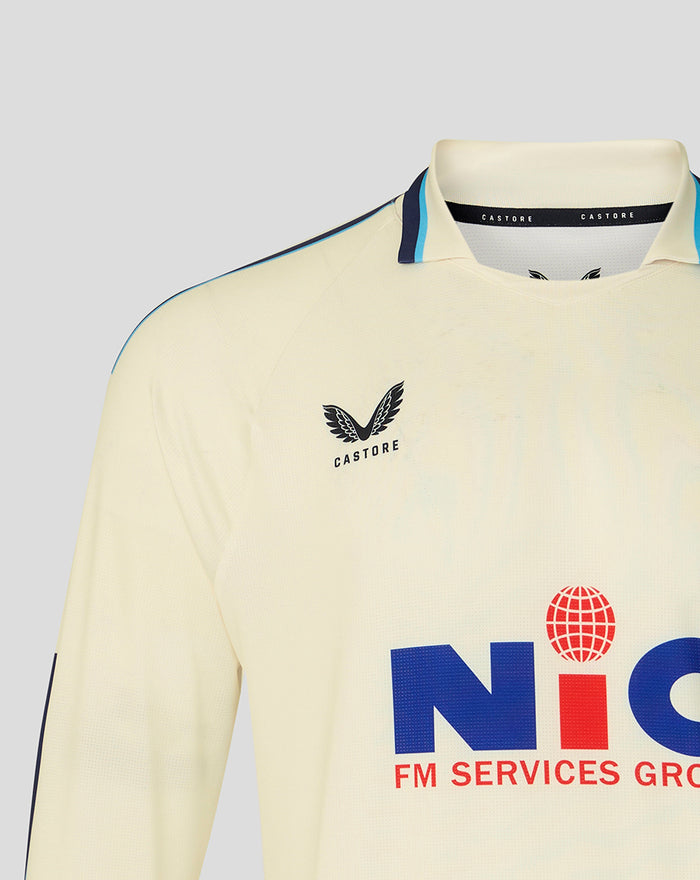 Cream long sleeve cricket jersey front view with Castore logo on chest NIC sponsor and turquoise piping on collar.