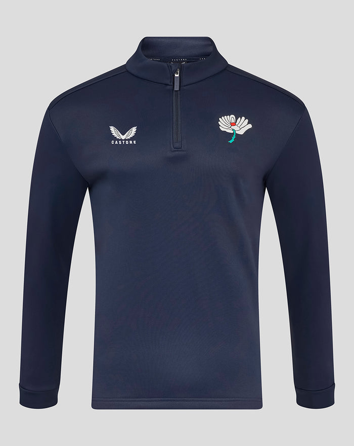 Navy brushback fleece quarter zip top with stand collar and chest logos
