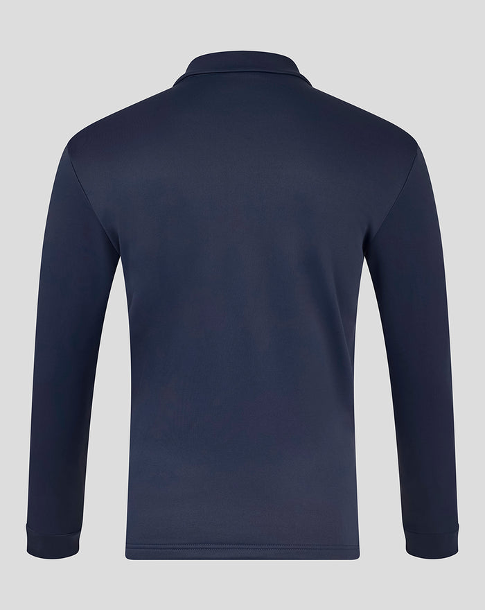 Back view of navy brushback fleece quarter zip top