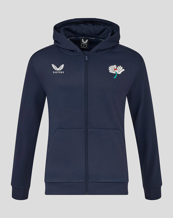 Navy zip through brushback hoody with hood and pockets; Castore wing logo on left chest and white floral crest on right chest