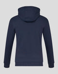 Back view of navy Yorkshire Zip Through Brushback Hoody with hood up and ribbed hem