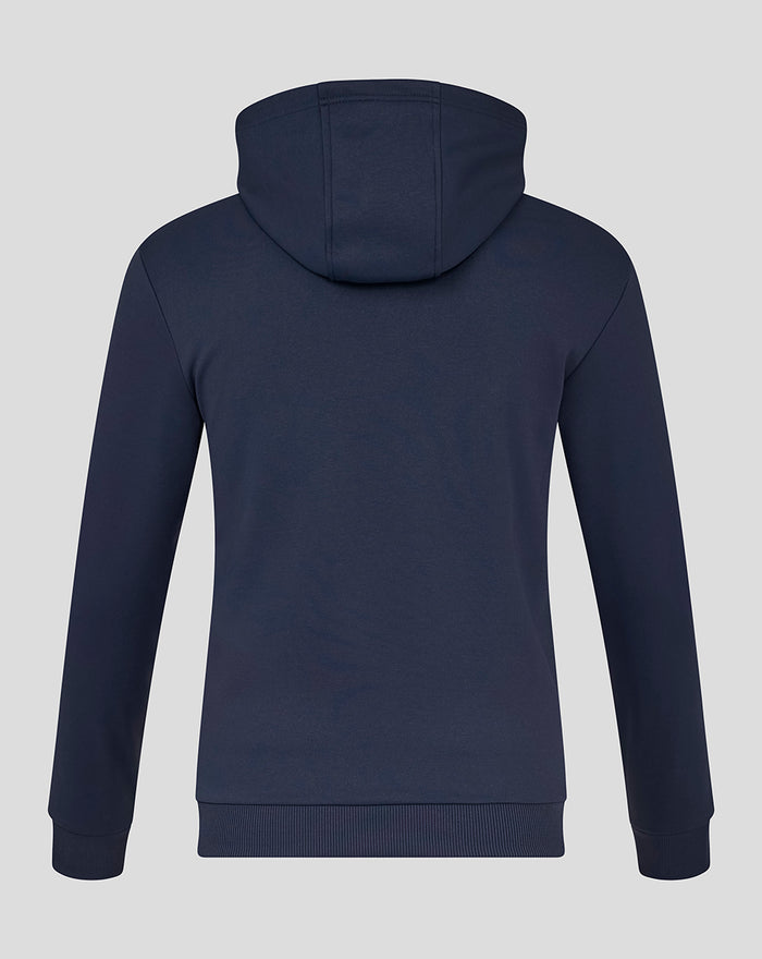 Back view of navy Yorkshire Zip Through Brushback Hoody with hood up and ribbed hem