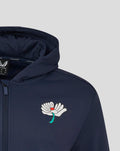 Navy Yorkshire Zip Through Brushback Hoody with large white flower emblem on left chest