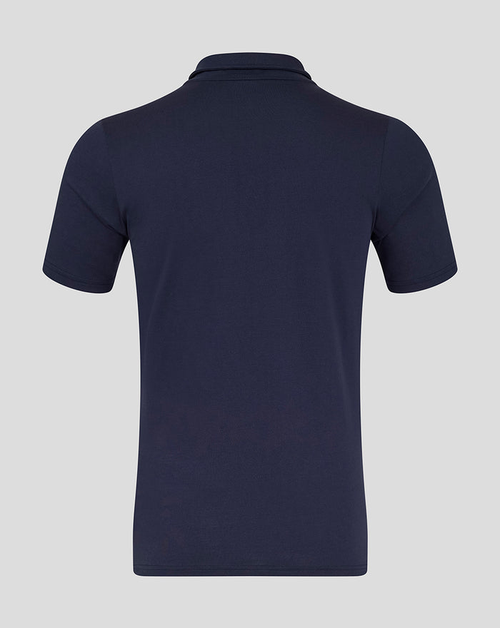 Rear view of navy short sleeve cotton leisure polo.