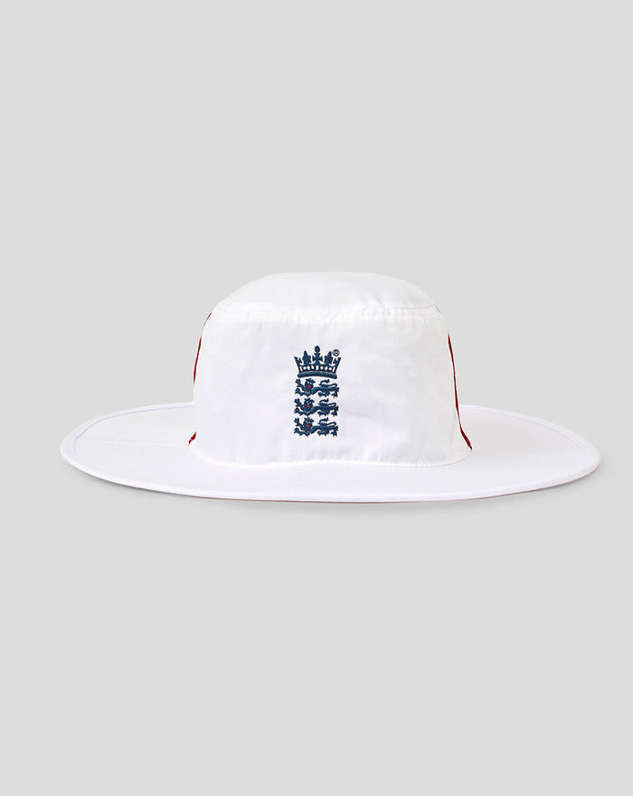 White wide brim hat with blue England Cricket crest on the front