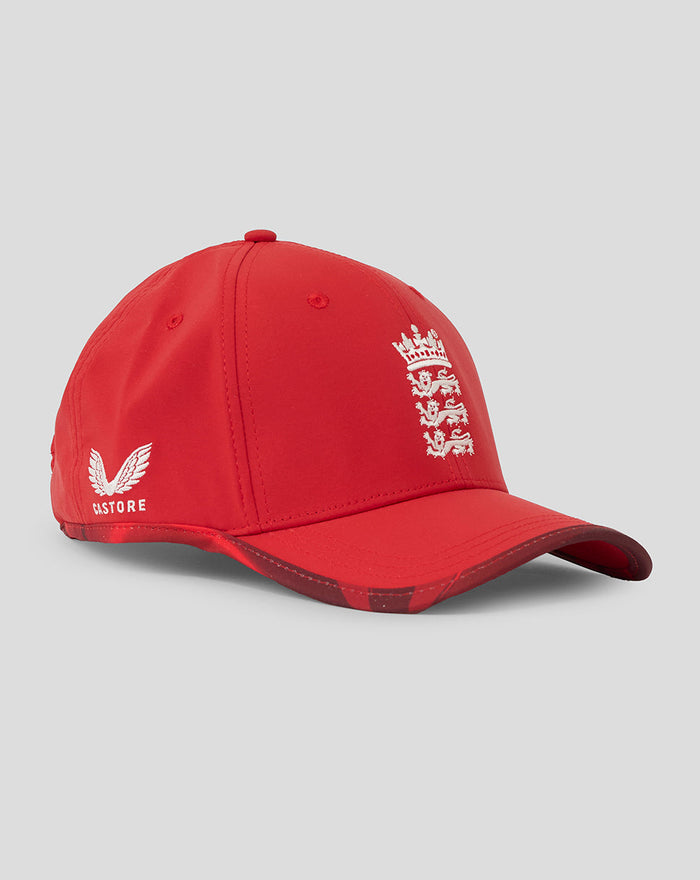 Red T20 cap shown from a side angle with England crest on front and a camo pattern along the brim edge.