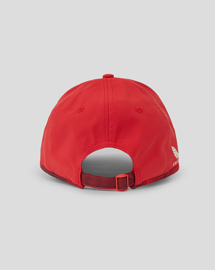 Red unisex cricket cap shown from the back with an adjustable buckle strap