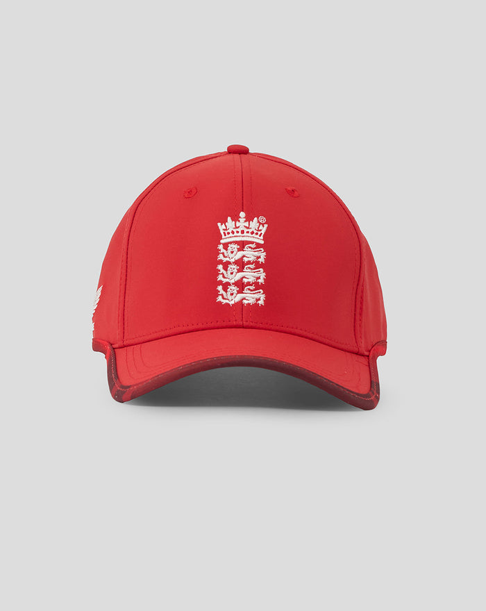Pompeian Red ECB 25/26 T20 Cap with white England crest on front and Castore branding on the side.
