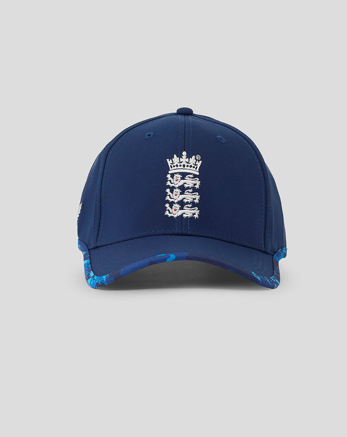 Navy ECB ODI cap with white England crest on front and blue camo brim edge, Castore branding on the side