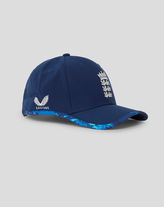 Navy ECB ODI cap front view with white England crest on crown and blue camo brim edge