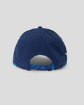 Back view of navy ECB cap with adjustable printed buckle and blue speck patterned strap