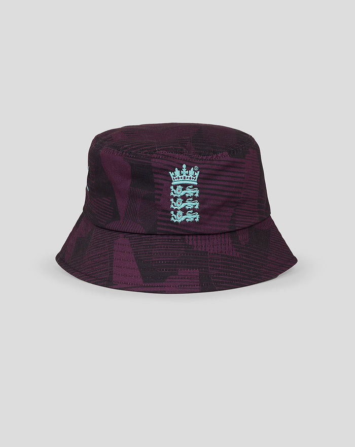 Maroon training bucket hat with light blue England crest embroidery on front