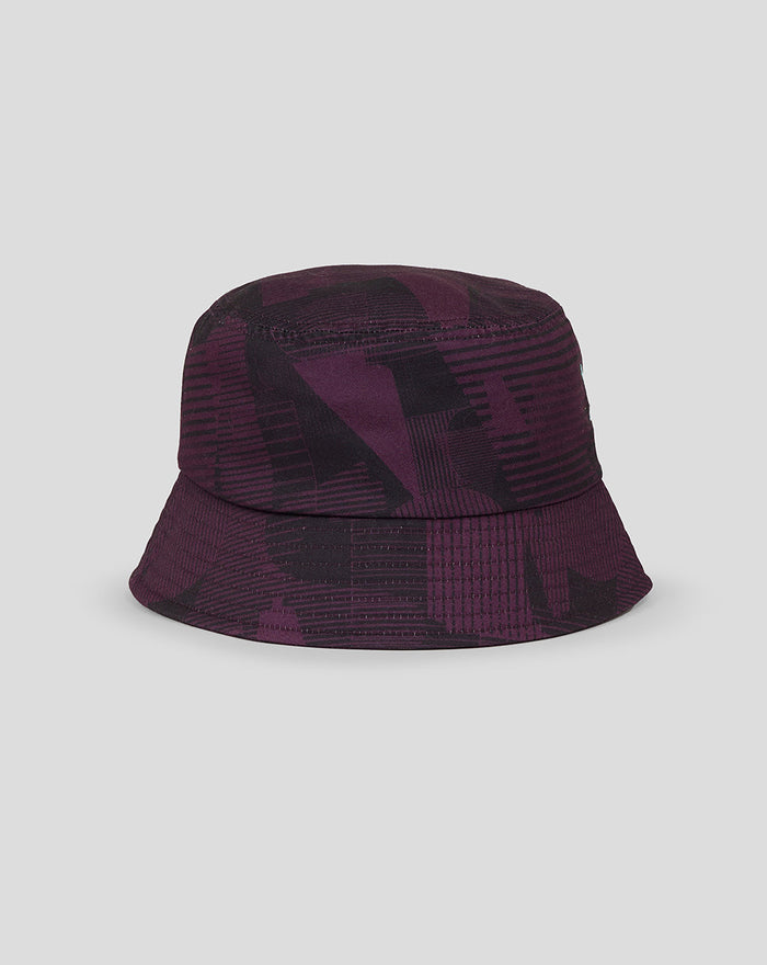 Dark purple geometric print bucket hat with adjustable brim and England Cricket crest on front