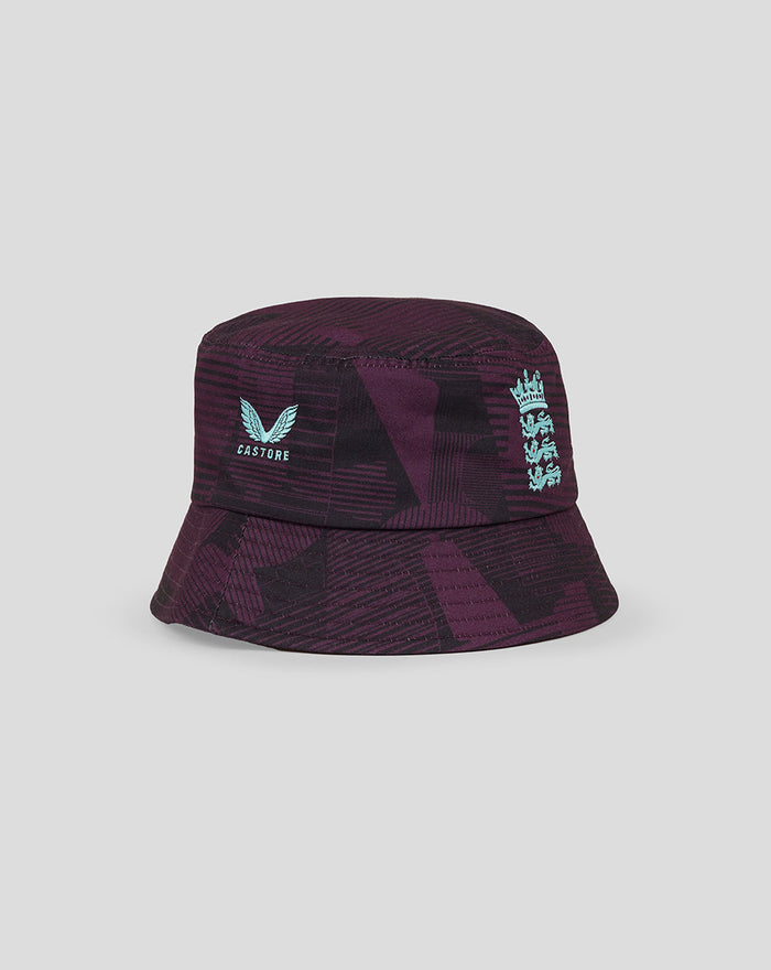 Purple and black geometric bucket hat with turquoise England crest on the side and Castore logo