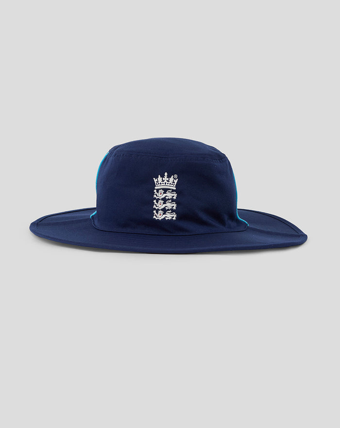 Navy wide brim cricket hat with crest and turquoise piping shown from the side