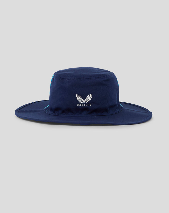 Front view of navy wide brim hat with Castore wing logo