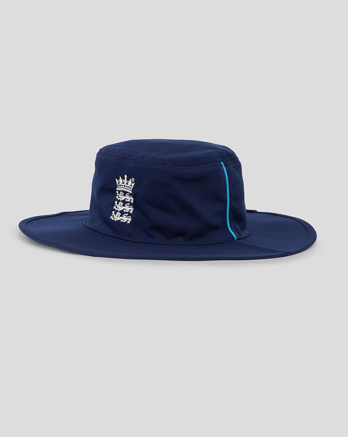 Navy blue wide brim cricket hat with Three Lions crest and turquoise piping along the crown