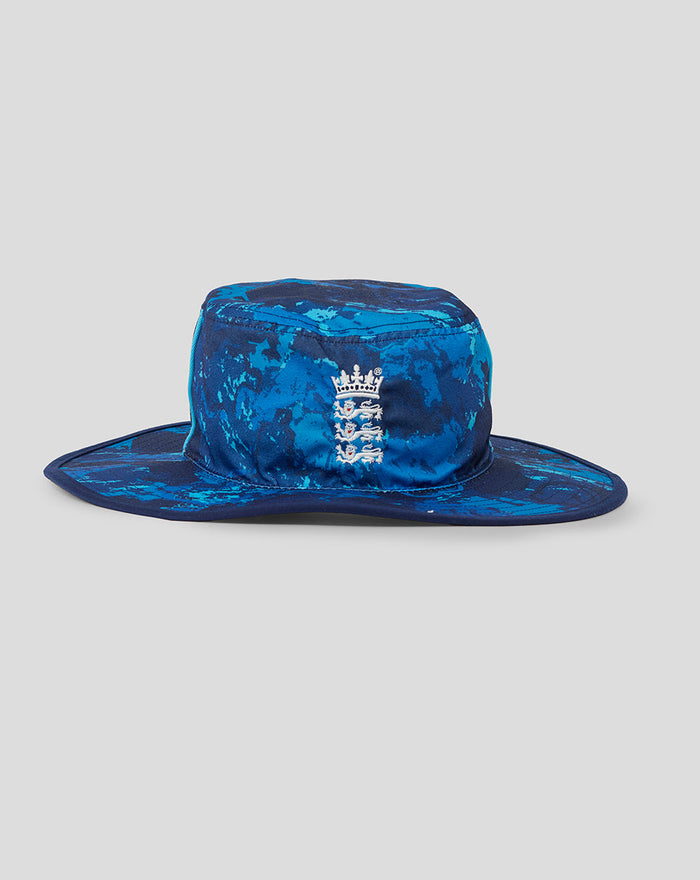 Blue reversible wide brim cricket hat with marbled pattern and Three Lions crest embroidery