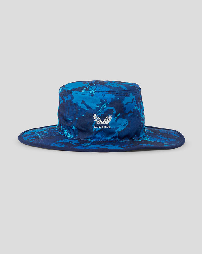 Reversible blue wide brim hat with a blue camouflage print and Castore logo on the front