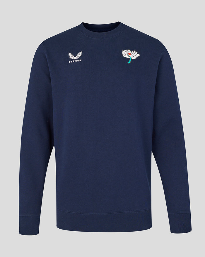 Navy adults crewneck sweatshirt with Castore logo and white floral crest on chest