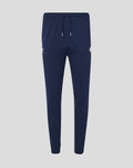 Navy joggers with drawstring waist and small logo on the thigh.