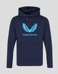 Front view of navy Adults 26/27 Large Wings Hoodie with bright blue wing logo and YORKSHIRE lettering on the chest