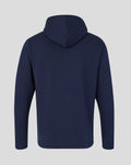 Back view of the navy hoodie with hood up and a plain back